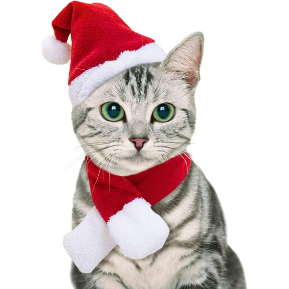 Cat Santa Hat Scarf Small Dog Christmas Costume Xmas Outfit Santa Claus Hat with Red Muffler for Kitten, Doggy, Rabbit, Statue, Toys Decoration
