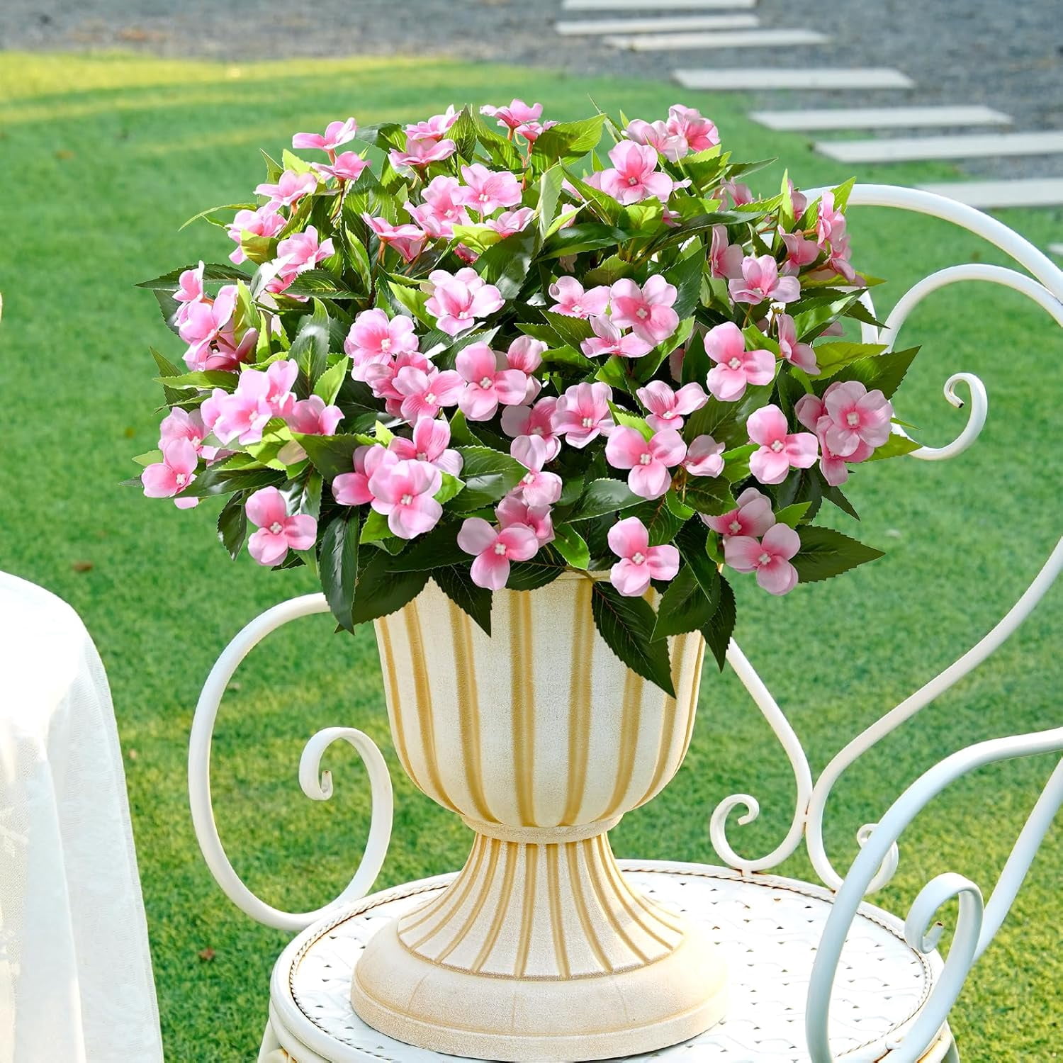 5 Ppcs Artificial Flowers for Outdoors, UV Resistant Faux Flowers for Outdoor Planters, Silk Impatiens Bouquet Pink Spring Artificial Plants for Garden Porch Patio Balcony Yard Decoration