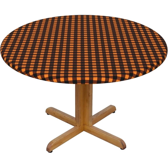 Round Fitted Tablecloth 44 Inch, Halloween Orange Gingham Fitted Tablecloth Round Tablecloth Fitted Water Resistant Table Covers Table Top Tablecloth for Buffet Table, Parties, Holiday Dinner