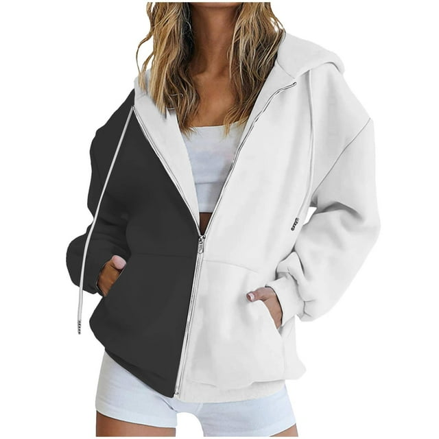 Timegard Zip up Hoodies for Women Long Sleeve Color Block Sweatshirts Fall Winter Loose Comfy Jacket
