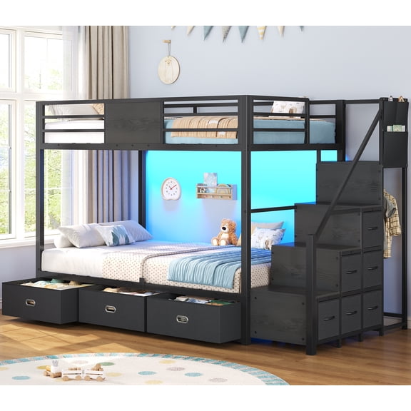 Toogaho Twin over Twin Bunk Bed with 9 Storage Drawers,Hanging Area and Led Light,Metal Loft Bed Frame,No Noise,Black