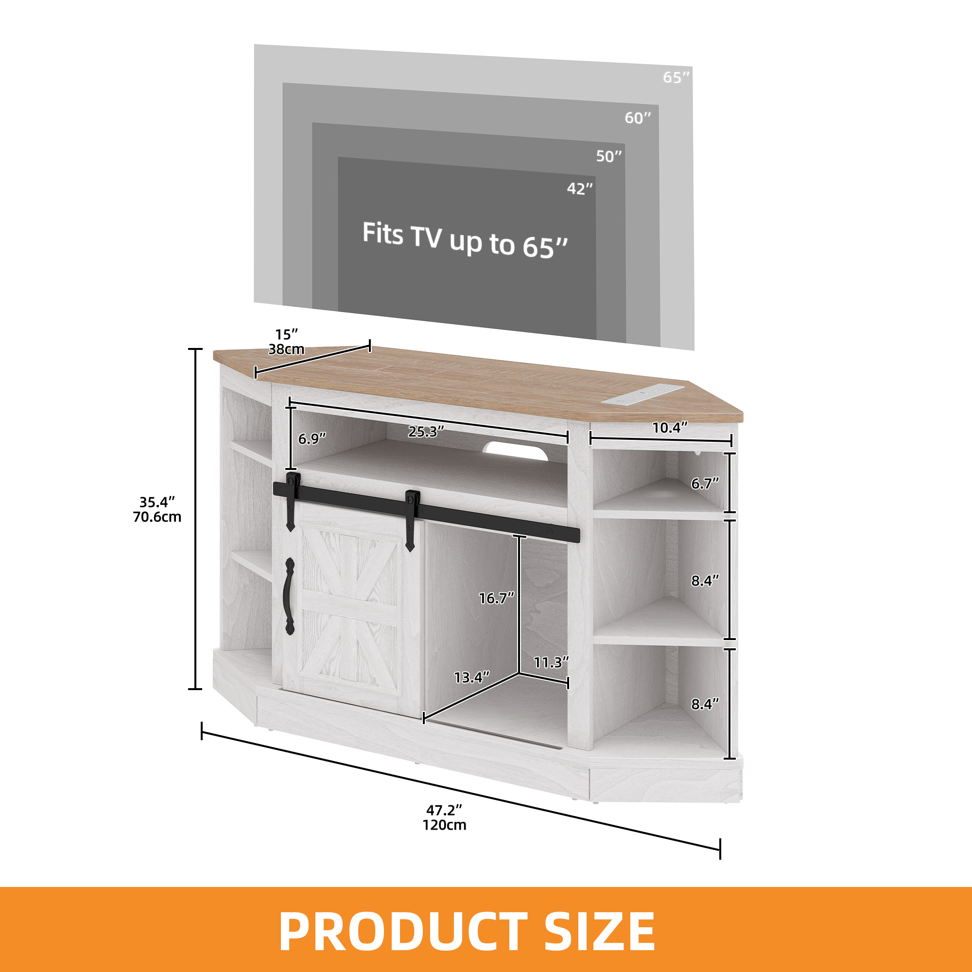 Craftian Farmhouse Corner TV Stand for 50" TV, Entertainment Center with Sliding Barn Door, Gray Wash