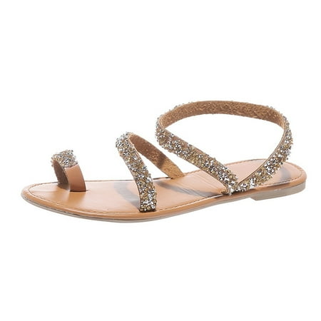 

Alueeu ladies shoes casual Women Cross Sandals Summer Shoes Flat Bright Diamond Slippers Casual Sandals Gold 41