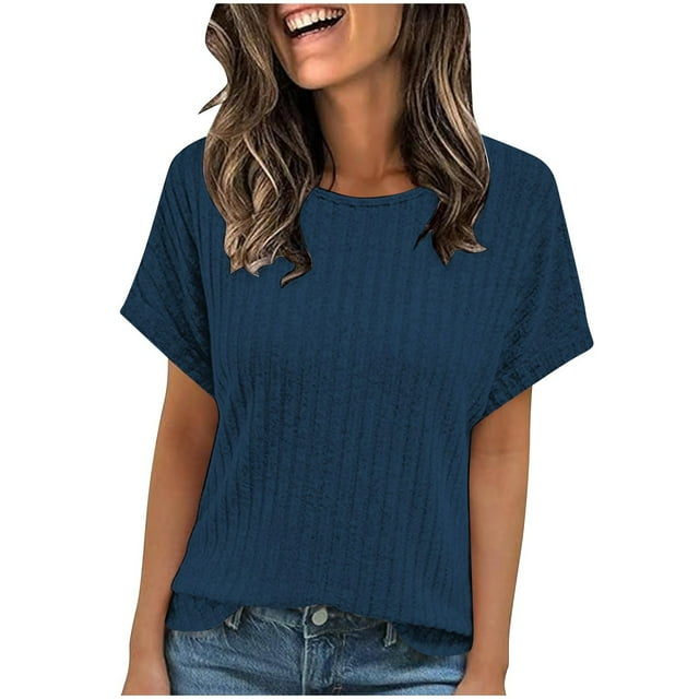 CHGBMOK T-Shirts Surdimensionnés pour Femmes Nouvelle Couleur Unie Col Rond Rayé Tricoté Manches Courtes Top S