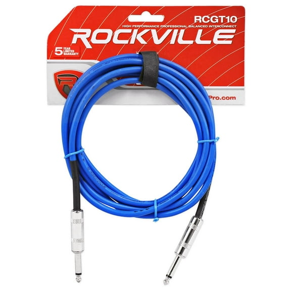 Rockville RCGT10BL 10' 1/4'' TS to 1/4'' TS Guitar/Unbalanced Signal Cable-Blue