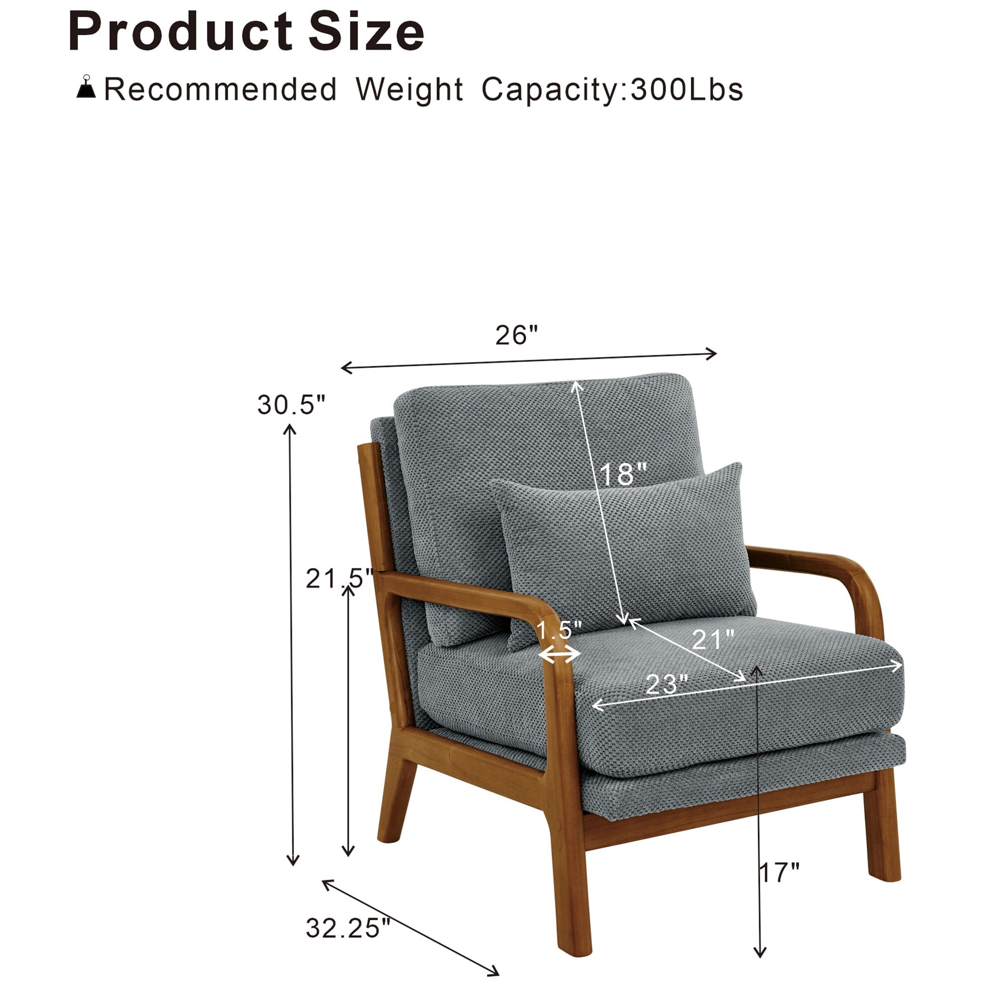 Homy Casa Mid-Century Modern Accent Chair, Textured Fabric Reading Armchair with Wood Frame, Gray