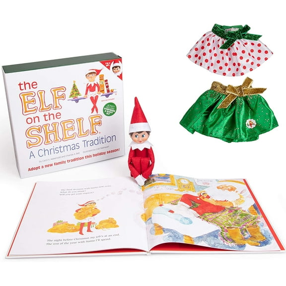 The Elf on the Shelf - Girl Elf Edition with North Pole Blue Eyed Girl Elf , Bonus Pair of Party Skirts, and Girl-character Themed Storybook