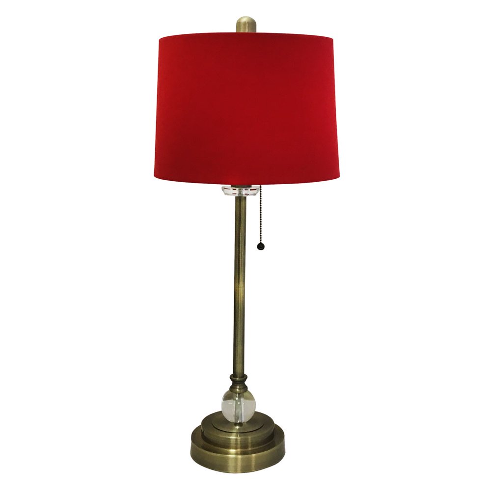 Royal Designs 28" Crystal and Antique Brass Buffet Lamp with Red Shallow Drum Hardback Lamp
