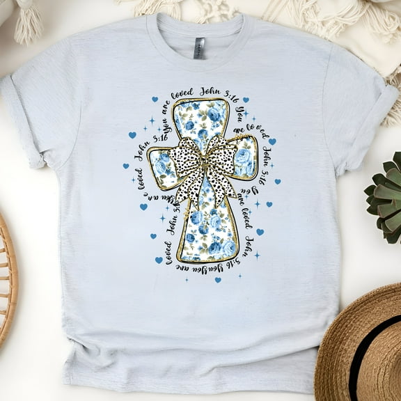 Women's Short Sleeve Graphic T-Shirt, John 3:16 Blue Floral Cross Bow, Ash, Size S