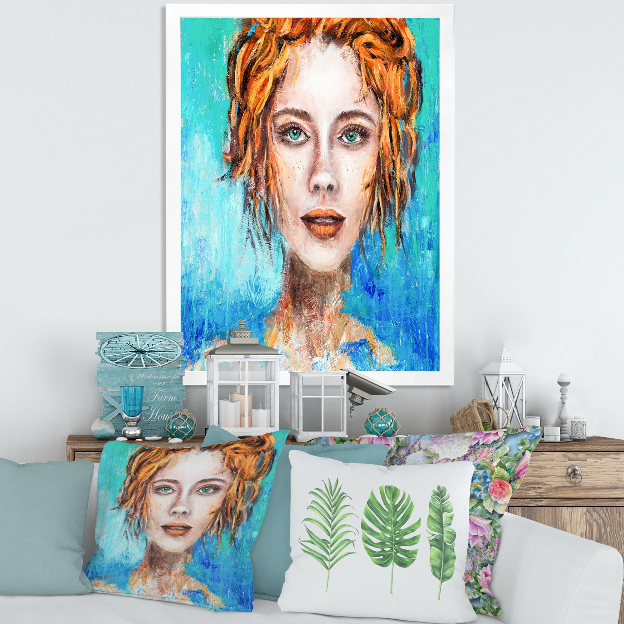 Designart 'A Woman Face With Red Hair And Green Eyes' Modern Framed Art Print