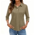 thumbnail image 6 of Women's Solid Color Polo Shirts 3/4 Sleeve Button Down Collared Shirts Business Casual Work Tops Athletic Tennis Golf Shirt 3 Buttons Spring & Autumn Work Basic Blouse Light Brown L, 6 of 6