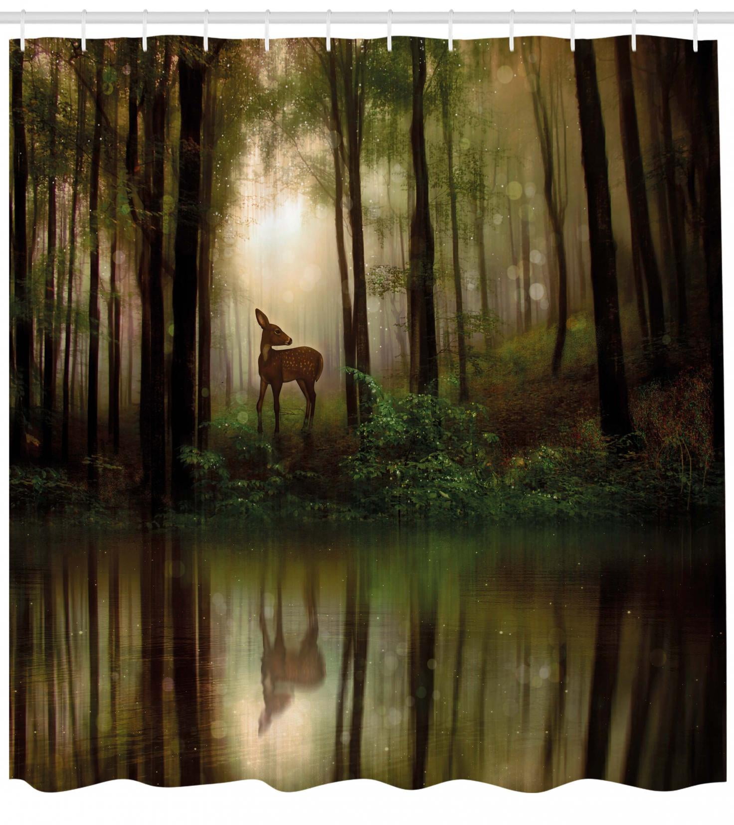 Nature Shower Curtain Baby Deer In The Forest With Reflection On Lake Foggy Woodland Graphic Fabric Bathroom Set Hooks Fern Green Cocoa Brown