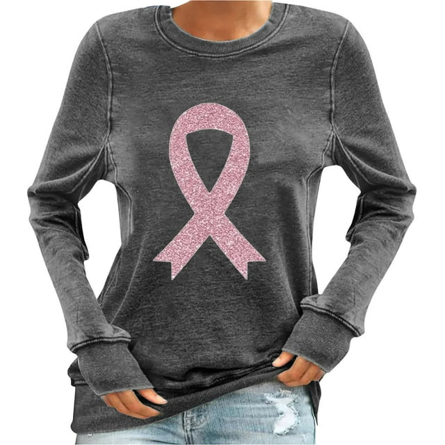 Staron Chandails à Manches Longues pour Femmes, Mode d'Automne, Chandail à Enfiler, Tunique de Sensibilisation au Cancer du Sein, T-Shirts à Col Rond, Ruban Rose, Chic Décontracté, Chandails de Base, Offres du Vendredi Fou
