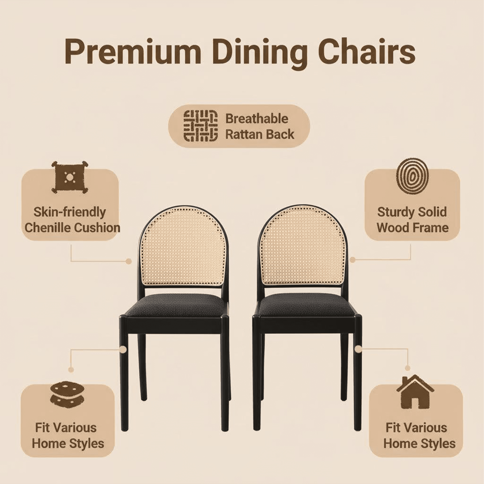 Leumius Rattan Dining Chairs Set of 2, Upholstered Linen Dining Room Chairs with Backrests, Modern Kitchen Chairs with Wood Legs for Dining Room, Black