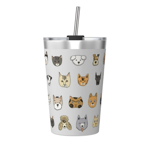 PAYOHTO Cats and Dogs Animal Doodle Insulated Stainless Steel Tumbler 12 oz Thermos Come with Straw Kids Leak-Proof Travel Mug Cup