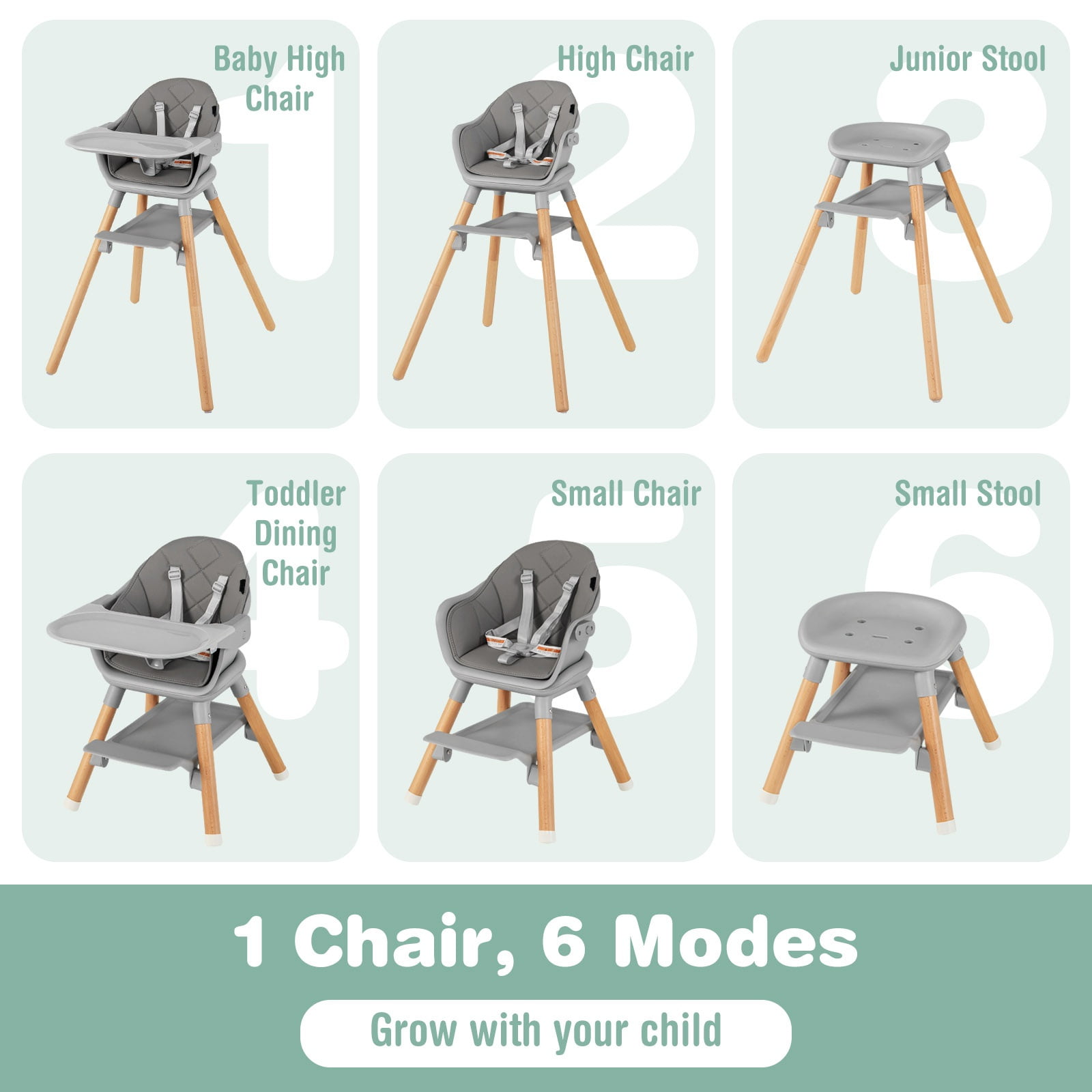 Infans 6-in-1 Convertible Wooden Baby Highchair Infant Feeding Chair w/ Removable Tray