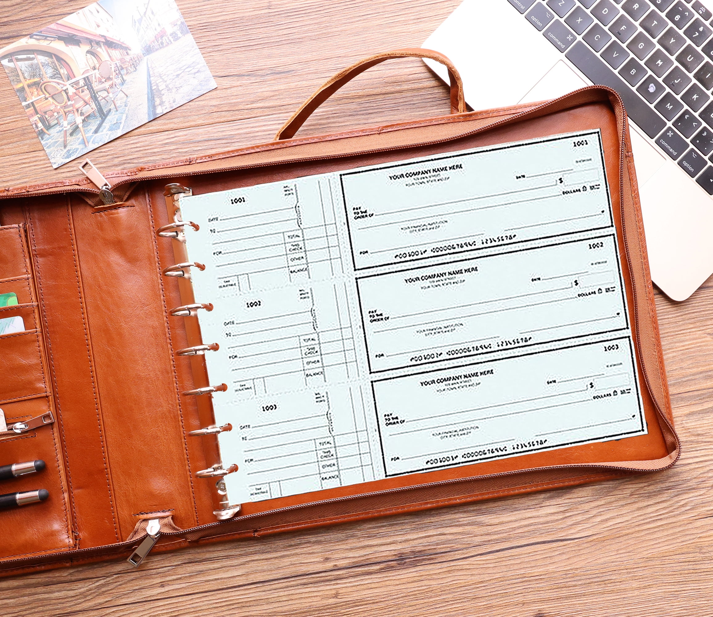 7 Ring Check Binder Cowhide Leather Check Portfolio for 3-Up Business Checks, Check Book Binder with Handle, Zippered Check Holder with 500 Check Capacity, Personalized Checkbook