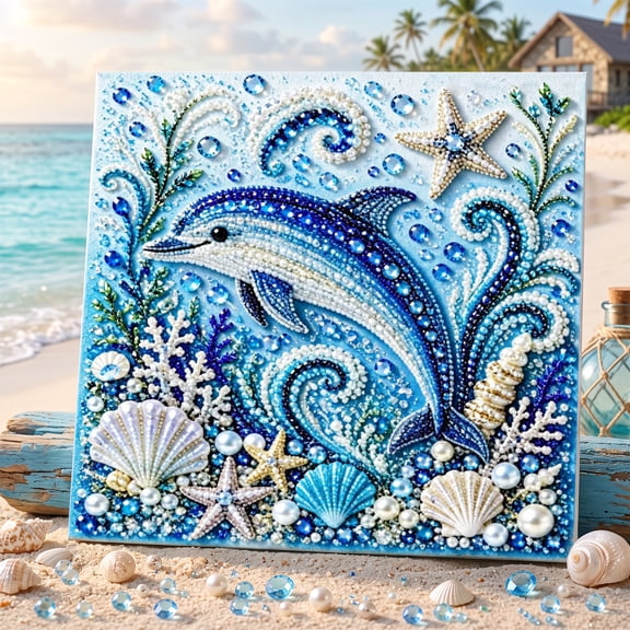 Threns Ocean Theme Pearl Art DIY Kit, Dolphin DIY Pearl Painting Kit, Ocean 3D Diamond Painting Craft for Adults Beginners, Sparkling Coastal Wall Decor with Pearls & Rhinestones