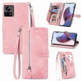 thumbnail image 1 of Luxury Wallet Case for Motorola Edge 30 Ultra, Embossed Pattern Design Zipper Pocket Handbag Wrist Strap Premium PU Leather Flip Cover with Card Slots Holder Magnetic Clasp Kickstand Case,Pink, 1 of 7