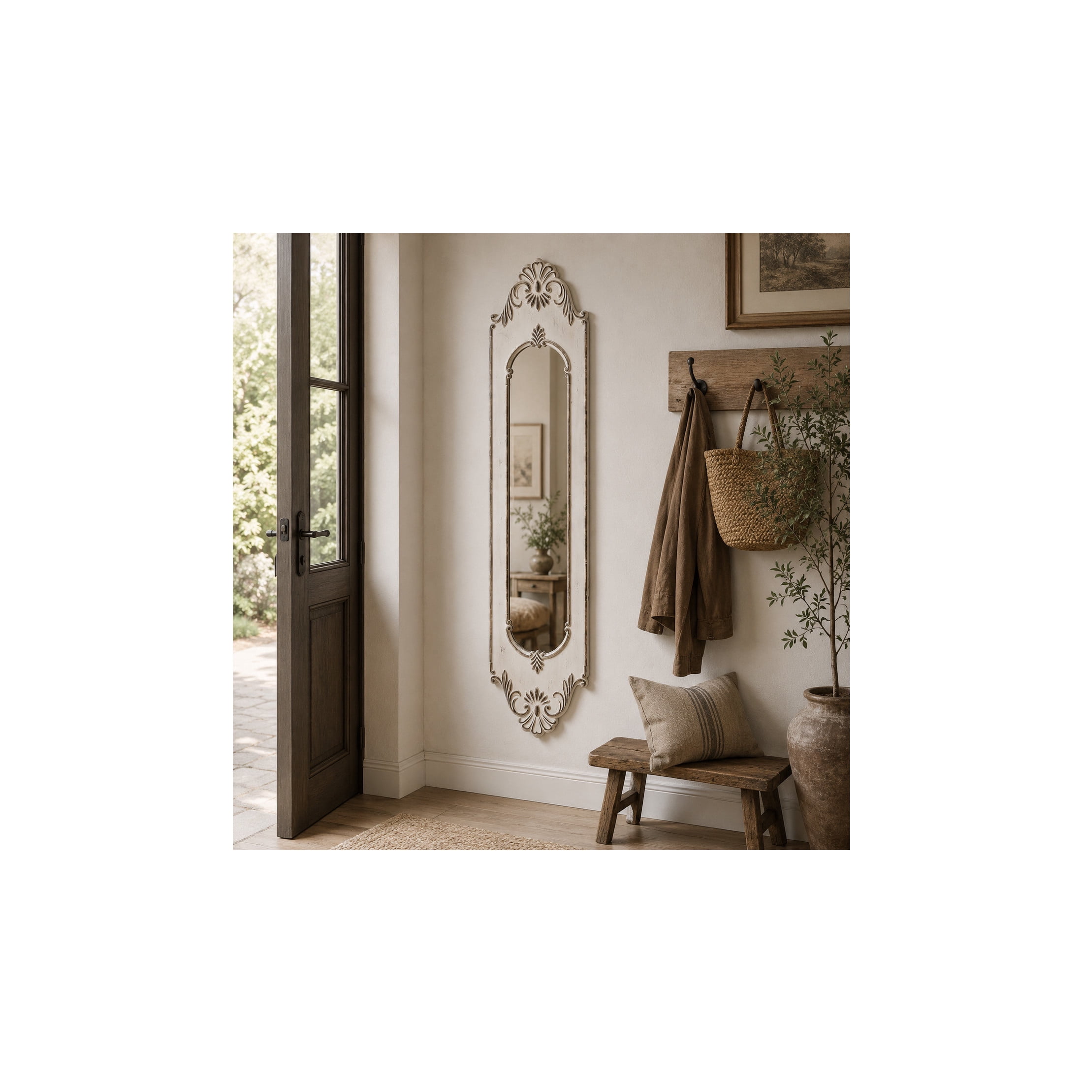 DecMode 16" x 72" White Slim Oval Vintage Style Floral Wall Mirror with Carved Brown Scrollwork