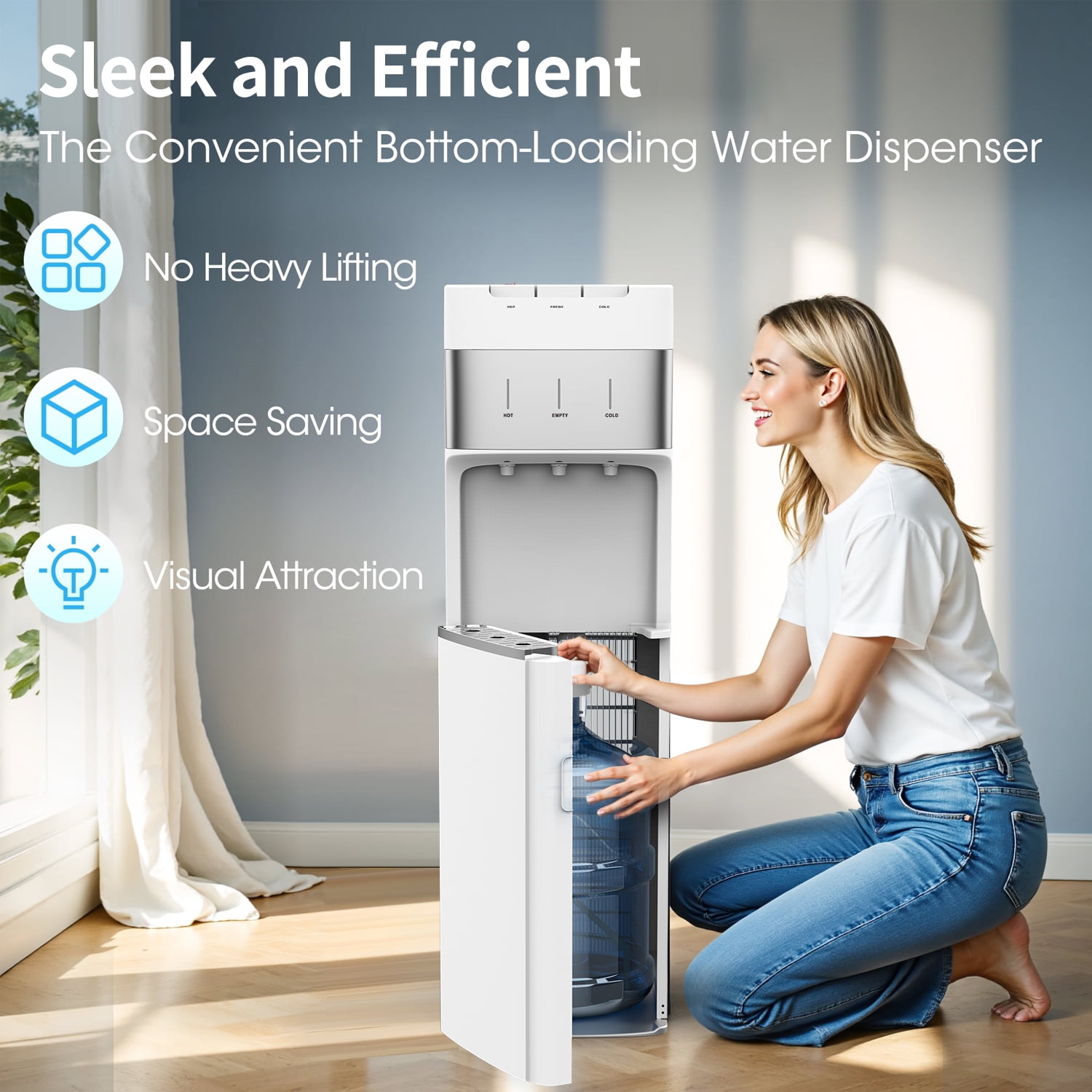 SOOPYK Bottom Loading Water Cooler Dispenser for 5 Gallon Bottle - 3 Temperatures (Hot/Cold/Room) with Child Safety Lock, Stainless Steel Tank, White & Silver, for Home & Office