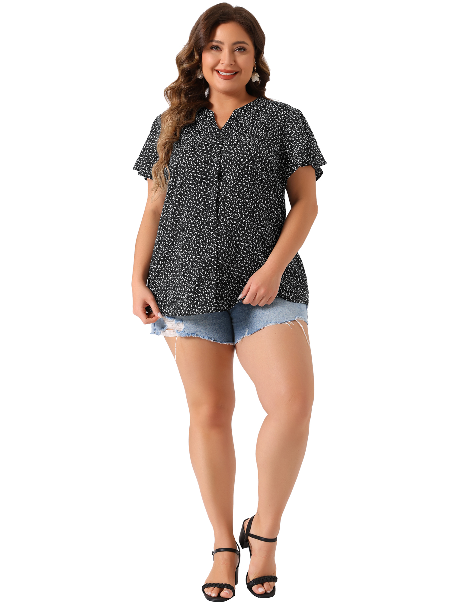 Unique Bargains Women's Plus Size Flare Short Sleeve Button Down Floral Top 1X Black White