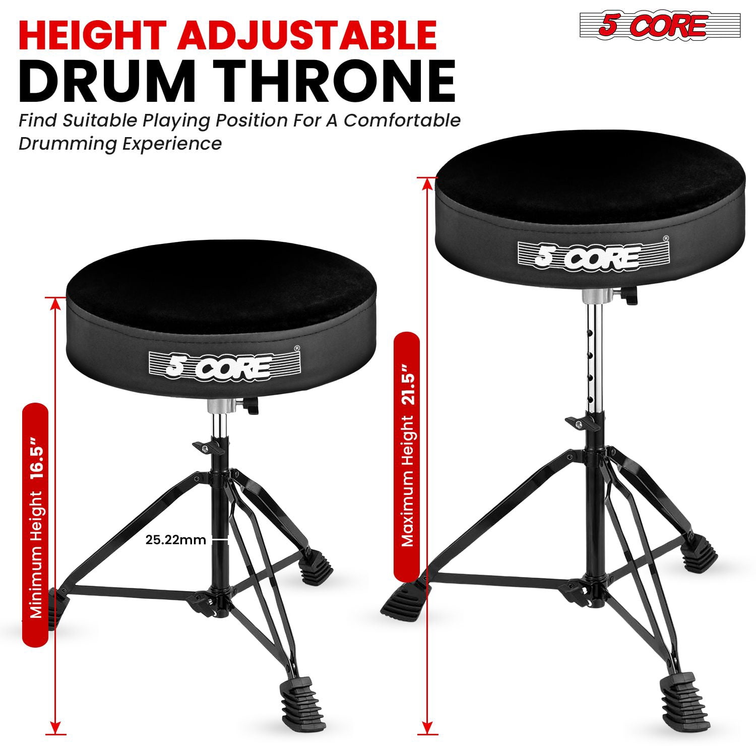 Adjustable Drum Throne Stool with 3" Thick Pad – 16.5"-21.5" Height, 200lb Capacity, Anti-Slip Rubber Feet for Drummers, Guitarists, Adults & Kids