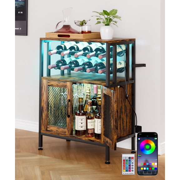 Enogets Bar Cabinet with LED Lights, Rustic Wine Bar Cabinet for 10 Bottles & 8 Glasses, Freestanding Liquor Cabinet with Storage Doors for Kitchen Dining Room Home Bar
