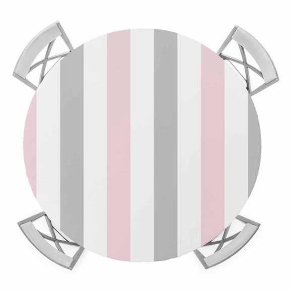 Pink Grey Stripe Round Fitted Tablecloth with Elastic Edge, Waterproof Table Cloth Table Cover for 55"-60" Tables, Modern Farmhouse Vertical Striped Tablecloths for Dining Picnic Indoor Outdoor