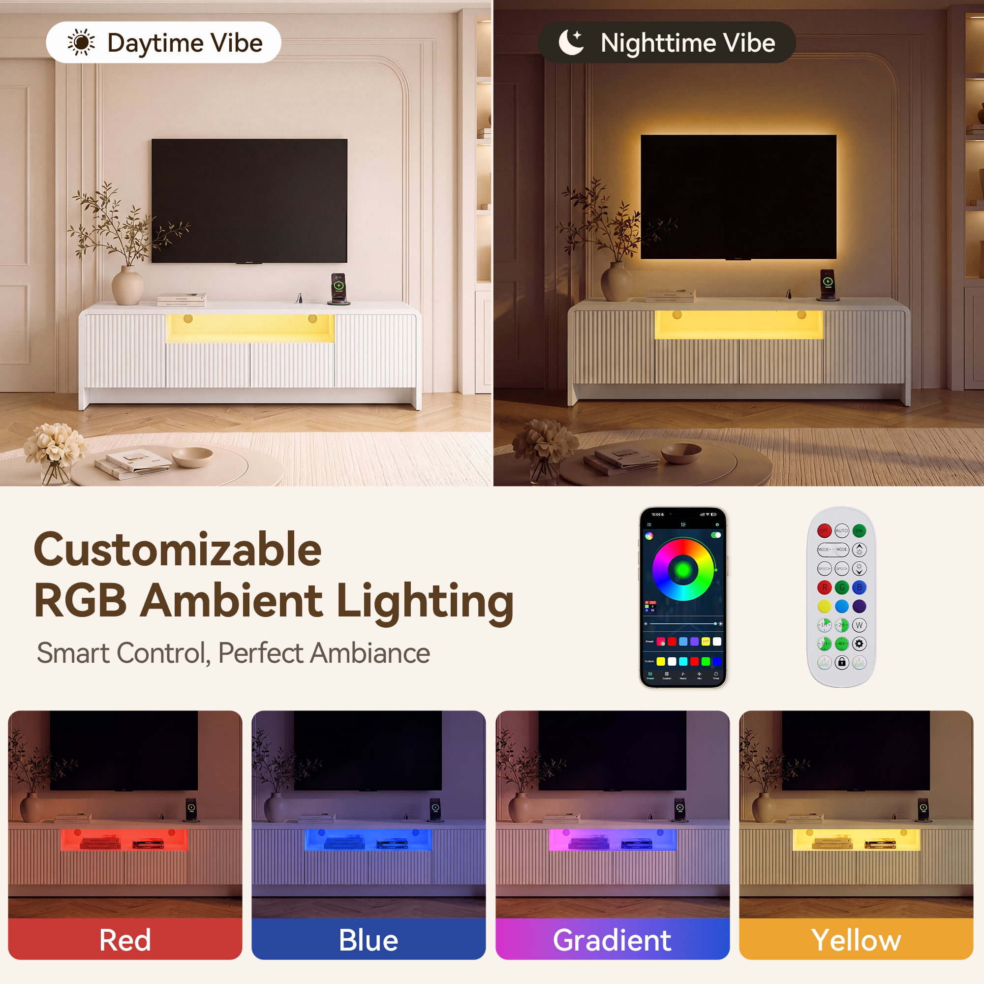 Lacoo 70 Inch Fluted TV Stand for 55-75 Inch TVs, Entertainment Center with Charging Station and RGB LED Lights, Media Console with 2 Drawers and Storage Cabinets for Living Room, White