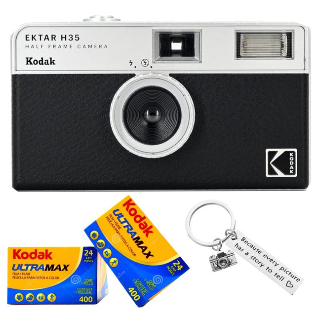 Kodak Ektar H35 Half-Frame Retro Camera Bundled with Kodak Ultramax 400 35mm Film (2 Rolls of 24 Exposures Each) Plus a Bonus Camera-Style Keychain (Black)