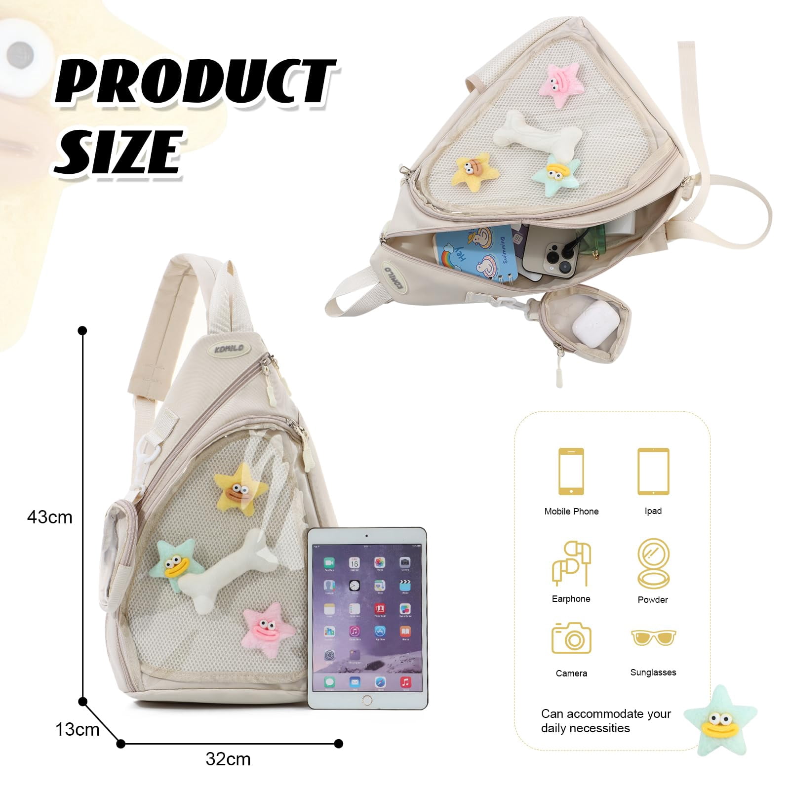 Cute Ita Bag for Men Women Kawaii Pin Display Backpack Fanny Pack Black Crossbody Hiking Day Pack