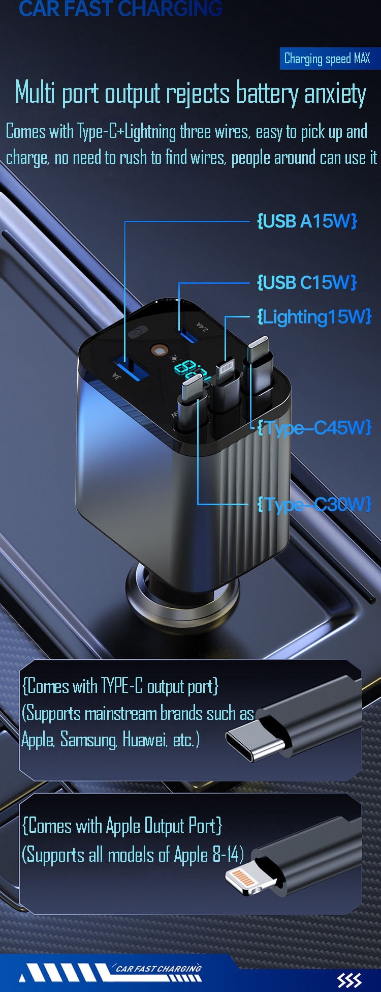 Starlight Retractable Car Charger with Aromatherapy, 5 in 1 Fast Charging 66W Car Phone Charger Adapter, USB C Car Accessories Compatible with iPhone 16/15/14/13/12/11 and,Grey/Black Random