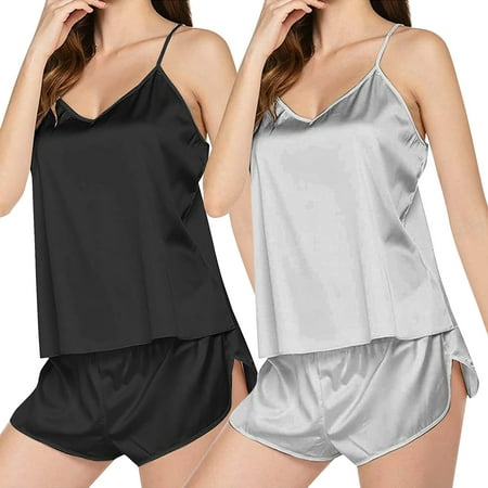 DondPO Womens Pajama Sets Satin Women s Pajamas Set V Neck Lace Camisole Undershirt Sleeveless Shorts Women s Loungewear Silk Pajamas For Women Womens Loungewear Set Gray S Clearance