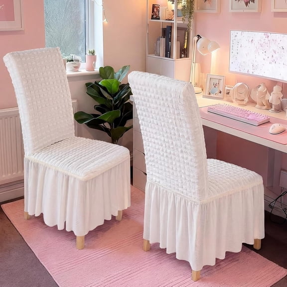 AUQ 2 Pcs White Dorm Room Stretch Slipcovers Chair Cover with Skirt Super Fit Chair Seat Protector Cover for Dorm,Dining Room,Hotel,Ceremony Dorm Chair Cover