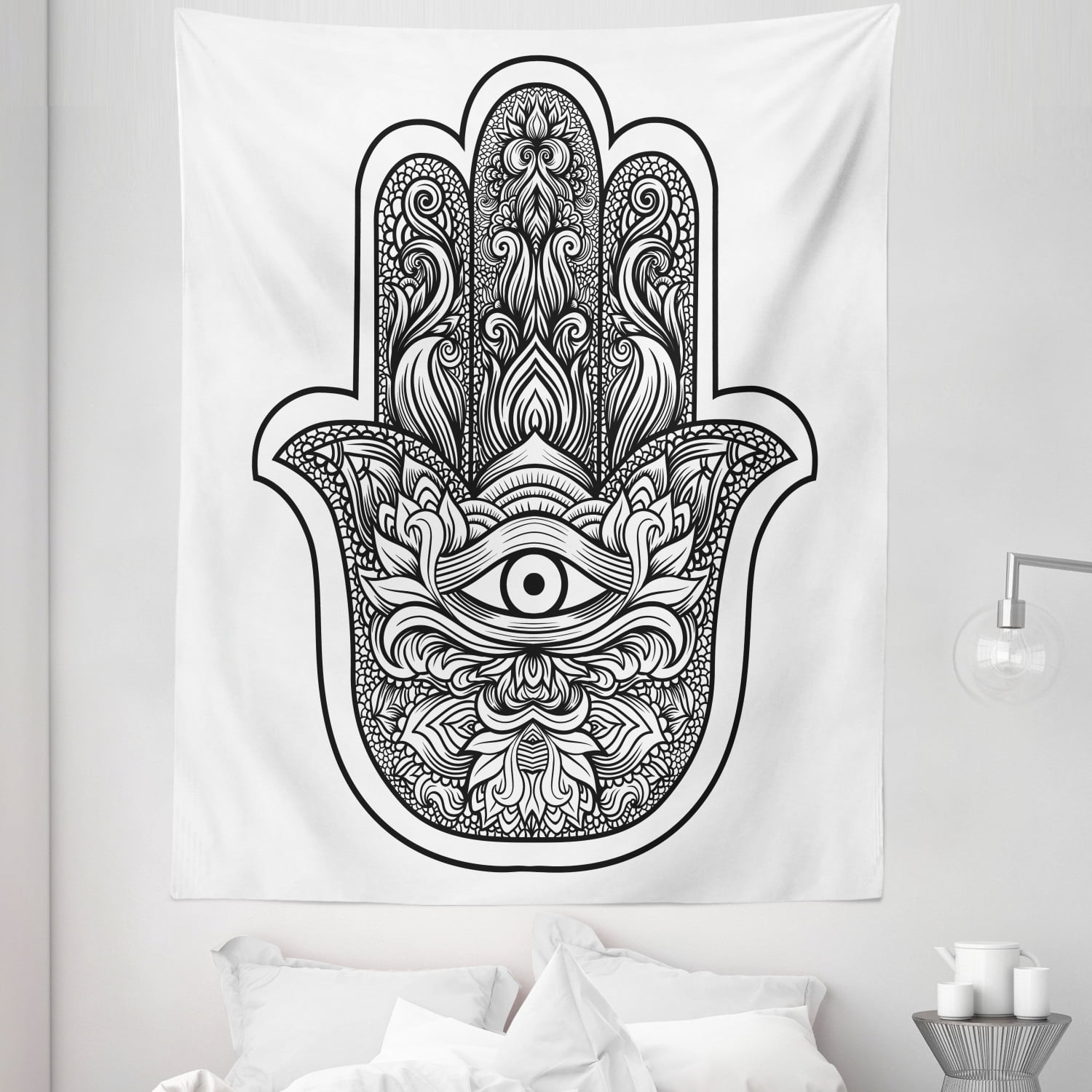 Hamsa Tapestry Boho Style Line Art Mascot with Third Eye Ornamental Tattoo Design Fabric Wall Hanging Decor for Bedroom Living Room Dorm 5 Sizes White Black by Ambesonne Walmart
