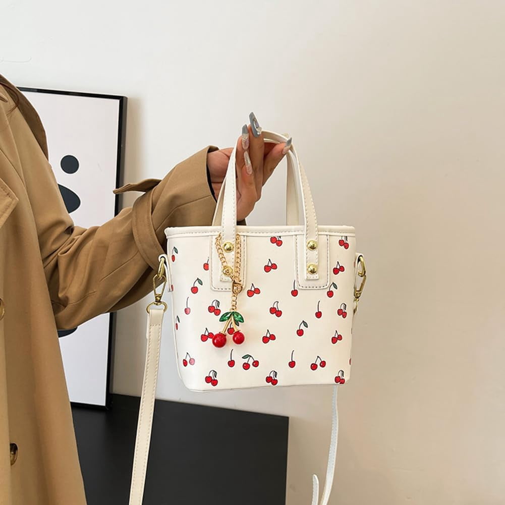 Crossbody Bags for Women, Small Cherry Print Shoulder Bag Cute Leather Tote Bag,Cherry Red Purse with Shoulder Strap