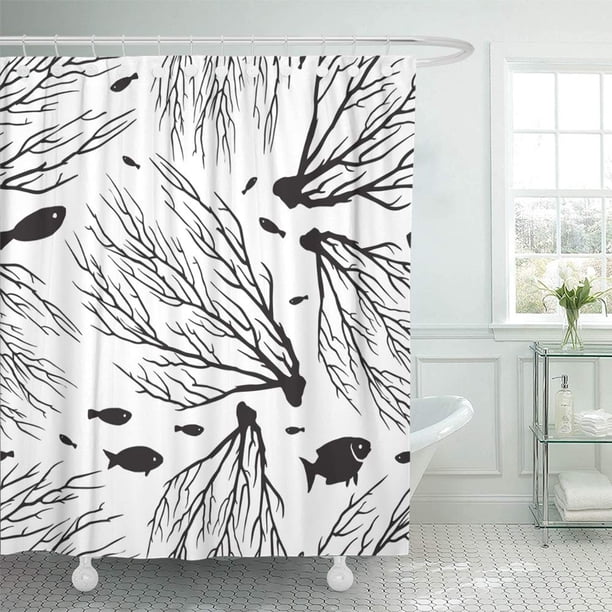 ABPHQTO Patrón de corales negros abstractos Difusión creativa Peces Mar Geométrico Gráfico Laberinto Juego de cortinas de ducha de baño a prueba de agua 165x180 cm ABPHQTO PKNMT66x72Shower-10042