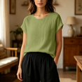 thumbnail image 5 of NTACZA Casual Ladies Summer Tops Tee Cotton And Linen Solid Classic T-Shirt Crew Neck Rolled Short Sleeve Relaxed Fit Vacation Green L, 5 of 6