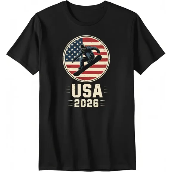 Retro USA 2026 Snowboarding Graphic T-Shirt Vintage American Flag Winter Sports Apparel Men Women Unisex Short Sleeve Tee