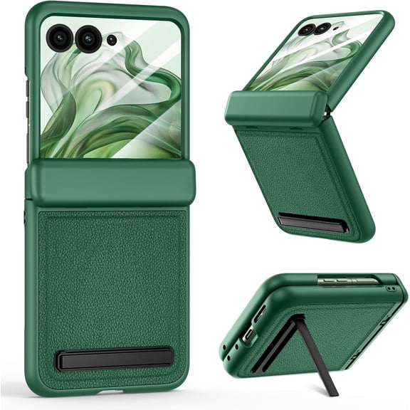 for Moto Razr Plus 2024 Case, with Hinge Protection & Built-in Screen Protector & Kickstand PU Leather Full Body Protective Shockproof Cover - Dark Green