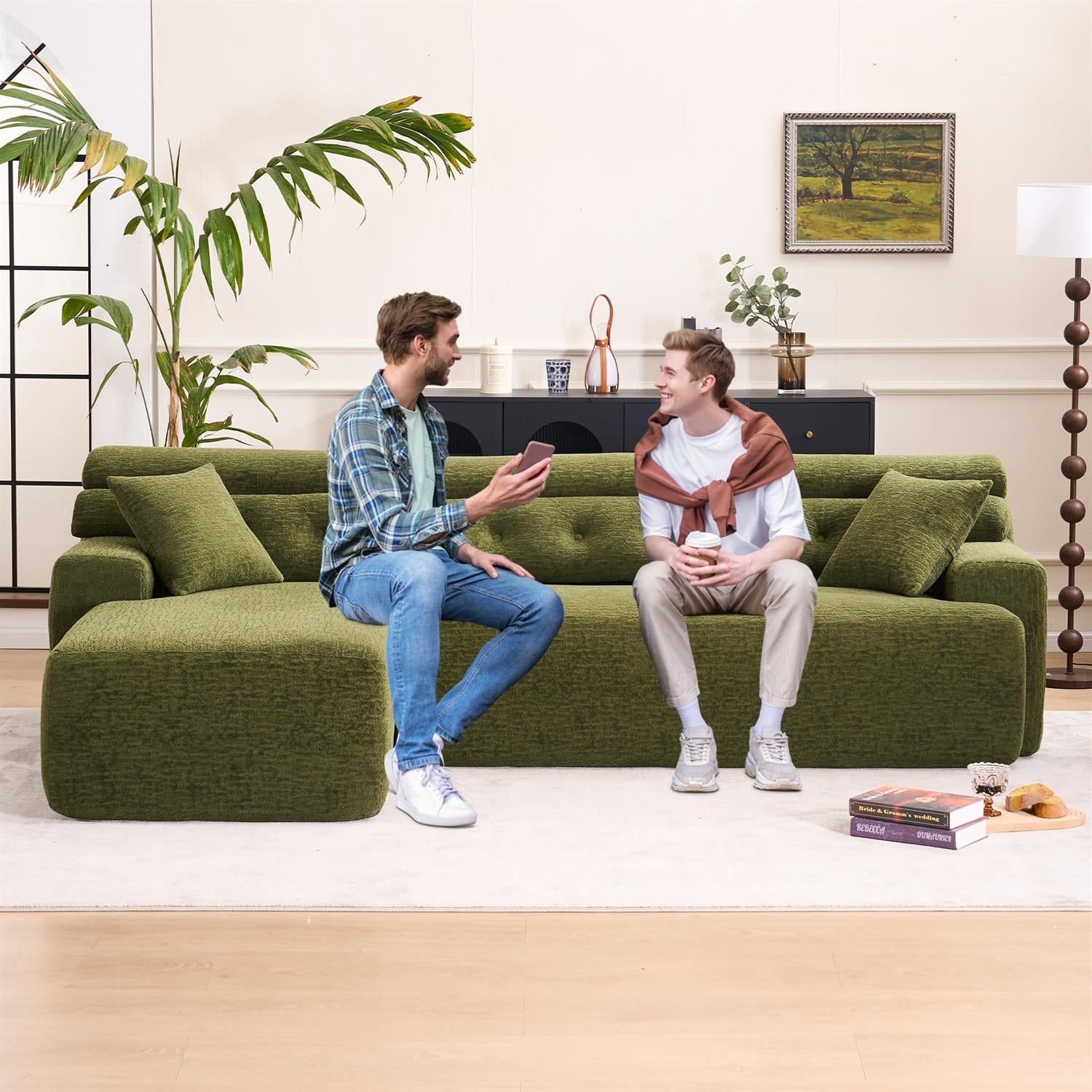 Demi Bonn 105" Modern L-Shaped Sectional Sofa, 3-Seater Couch with Chaise Lounge, 2 Accent Pillows, Wood Grain Chenille Fabric for Living Rooms, Green