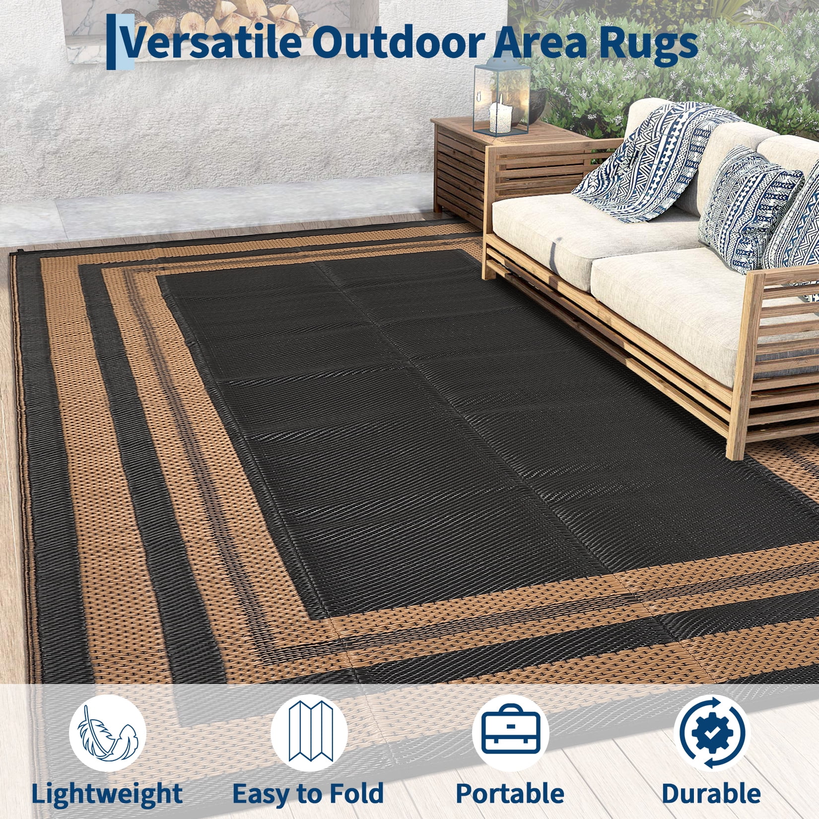 Gavee 9'x12' Waterproof Outdoor Rug, Reversible Patio Area Rug Indoor Outdoor Carpet, Plastic Modern Geometric Carpet for RV Camping Deck Balcony, Porch, Picnic, with Storage Bag, Black and Brown