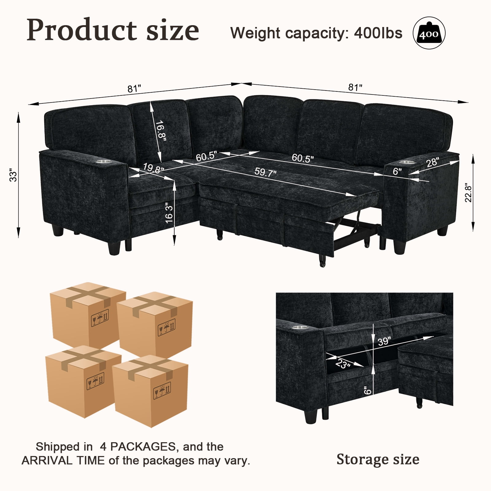 Gewnee L-Shaped Sectional Sofa,Modern Chenille Modular Sofa with Storage Function,USB‑C Charging Ports & Cup Holders,Pull Out Couch for Living Room,Charcoal Grey