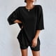 thumbnail image 5 of Bermudas Conjuntos cortos de 2 piezas de algodón con cuello redondo para mujer, hombros caídos, ajuste holgado, atuendo diario Kuymtek Negro T S para Mujer, 5 of 6