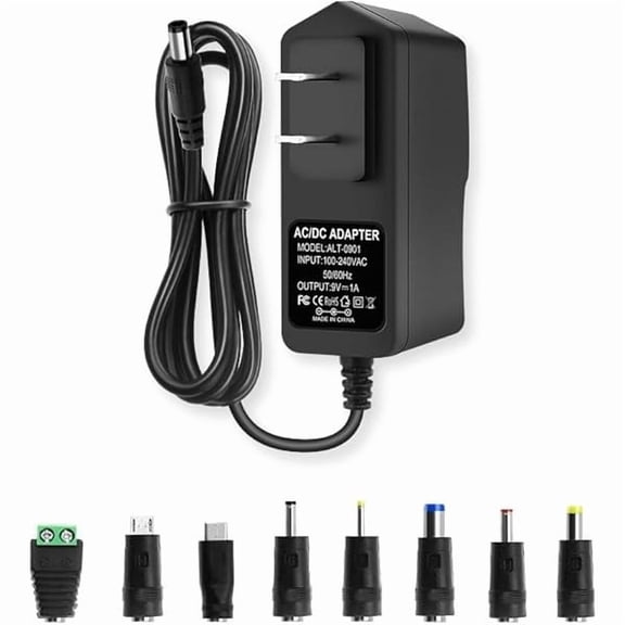 can 9V DC Power Supply 1A AC Adapter, DC 9V Power Cord, 100-240V 50/60Hz 9 Volts 1Amp DC Adapter, 5.5mm x 2.5mm Plug & 8 Tips