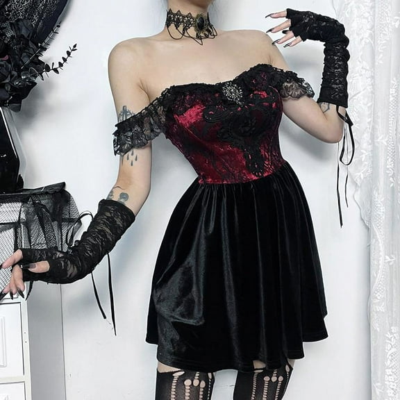 Gothic Lace Off Shoulder Ball Gown Dress Women's Velet Short Sleeve Formal Cocktail Party Dresses