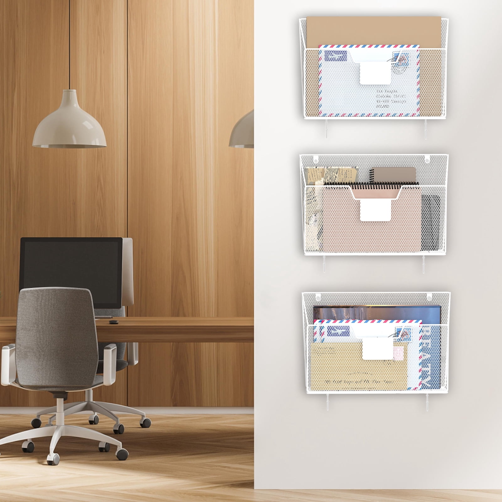 3-Pack Wall Mounted Mesh File Holder, Hanging Document Organizer with Label Slots for Home, Office