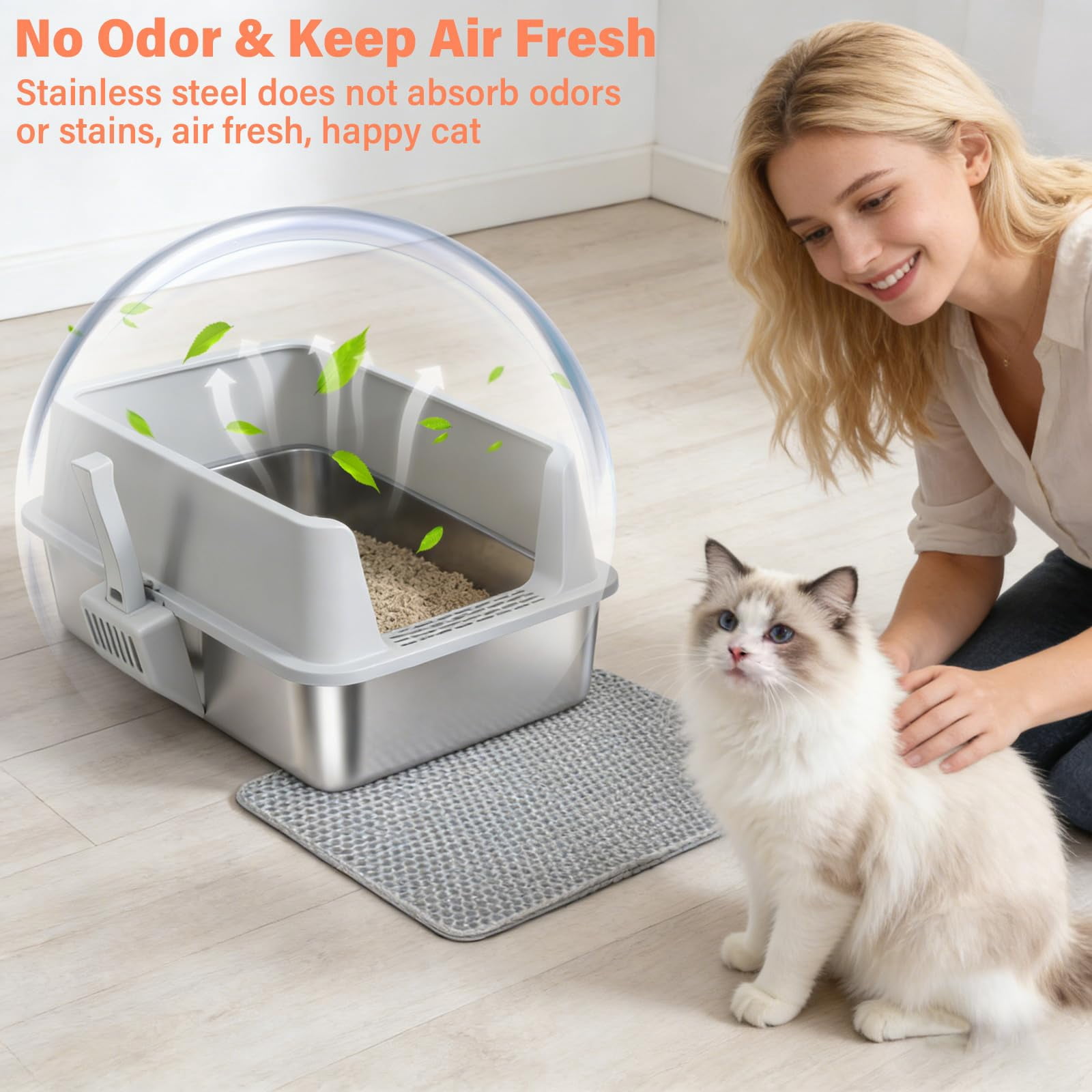 Stainless Steel Cat Litter Box With Lid  Xl Metal Extra Large Litterbox For Big Cats High Sided | Easy Cleaning Odor-free Includes Scoop And Mat
