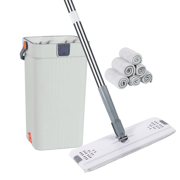 iFaveorr Mop and Bucket with Wringer Set, Hands-Free Flat Mop with 6 Microfiber Pads, Wet Dry Use, 47-51 in Handle, Gray White